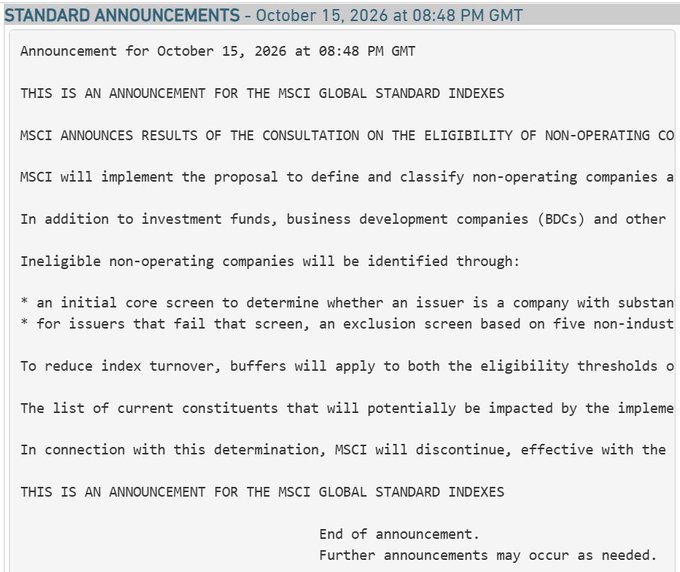 An MSCI Standard Announcements notice dated October 15, 2026 at 08:48 PM GMT regarding consultation results on the eligibility of non-operating companies for MSCI Global Standard Indexes.