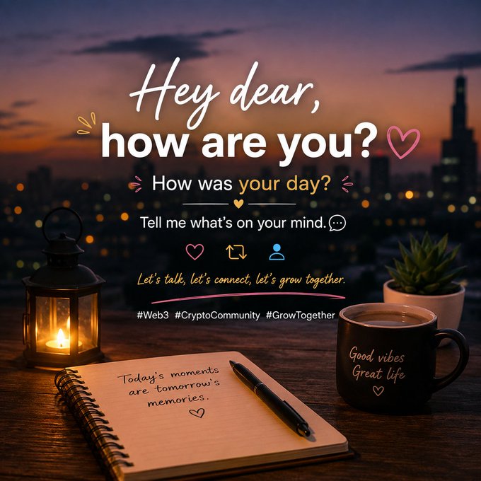 An aesthetic motivational graphic reading 'Hey dear, how are you? How was your day? Tell me what's on your mind' with hashtags #Web3 #CryptoCommunity #GrowTogether, set against a city skyline at dusk with a lantern, notebook, and coffee mug in the foreground.
