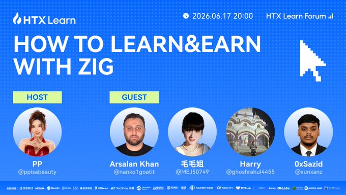 The image features a poster for an event titled "How to Learn & Earn with ZIG" that takes place at HTX Learning Forum. The poster includes four images of people, each representing a different guest speaker from various countries. These speakers are shown in profile against a blue background and are accompanied by text providing information about the event. The event is scheduled for June 17th, 20:00, with an RSVP required to join the split reward program.