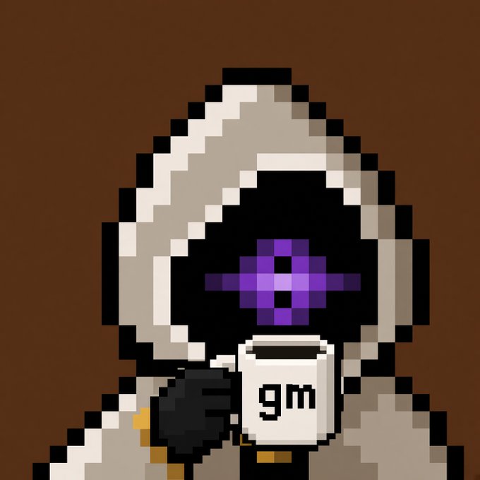 A hooded pixel-art figure in a brown robe holds a mug labeled "gm," with a purple Ethereum logo glowing where their face would be. The image visually reinforces the post's "gm" greeting while the Ethereum symbol suggests a connection to a crypto-related discussion about fair launches.