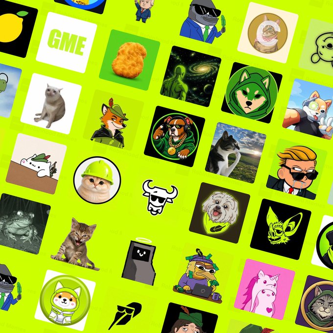 A grid of various meme-style icons and cartoon characters, including a 'GME' tile, chickens, cats, dogs, and hooded figures, set against a bright green background.