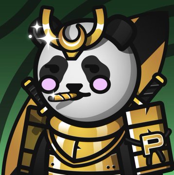 A cute cartoon panda character dressed in gold and black samurai-style armor with a horned helmet, smoking a cigar, with a prominent 'R' emblem on its chest.