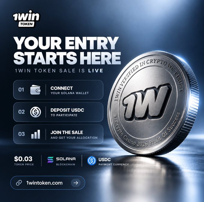 Promotional graphic for the '1WIN TOKEN' sale with the headline 'YOUR ENTRY STARTS HERE', instructions to connect a Solana wallet, deposit USDC, and join the sale, with token price shown as $0.03.