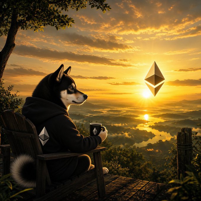 An anthropomorphic husky wearing a black hoodie with the Ethereum logo sits on a wooden chair, holding a coffee mug while overlooking a misty mountain landscape at sunset with a large Ethereum symbol glowing in the sky.