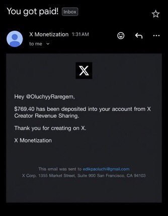 An email notification screenshot from 'X Monetization' stating '$769.40 has been deposited into your account from X Creator Revenue Sharing' sent to a user.