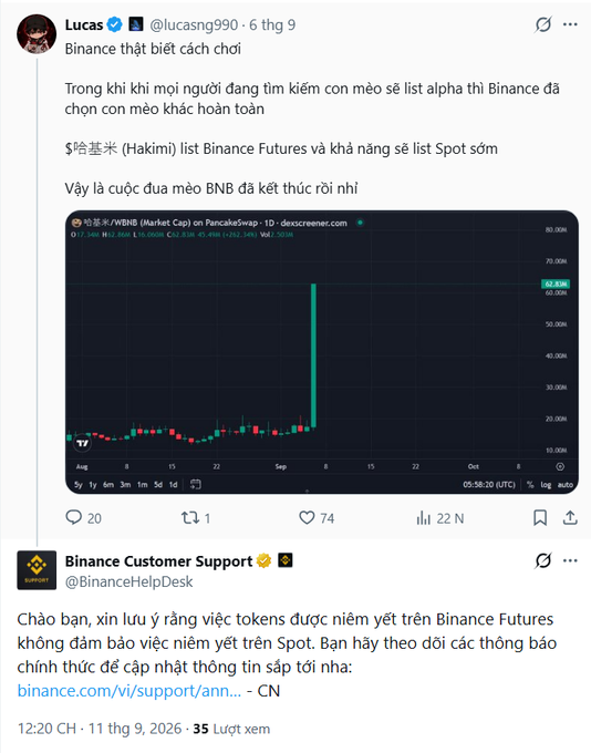 The image shows a Vietnamese tweet by user "Lucas" (@lucasng990) commenting on Binance's surprise listing of $哈基米 (Hakimi) on Binance Futures, noting that while people expected "Alpha" to be listed, Binance chose a different cat token instead, potentially ending the BNB memecoin race early. Below it is a reply from the verified @BinanceHelpDesk account in Vietnamese, clarifying that futures listing doesn't guarantee a spot listing and directing users to official announcements for updates. The caption relates to the image by illustrating how Binance's customer support team engages directly with users discussing token listings and trading concerns on BNB.