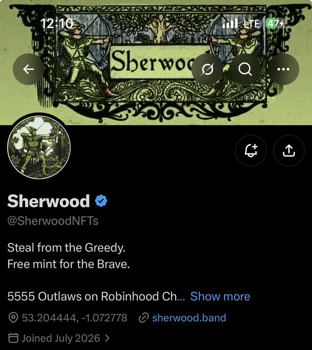 The image shows a Twitter/X profile page for Sherwood (@SherwoodNFTs), featuring a Robin Hood-themed banner and bio that reads "Steal from the Greedy. Free mint for the Brave," advertising 5555 Outlaw NFTs on Robinhood Chain, with a location of 53.204444, -1.072778 (Sherwood Forest). The post appears to be a community member tagging @SherwoodNFTs, requesting allocation spots for the upcoming NFT mint on @OpenSea, aligning with the profile's promotional branding.