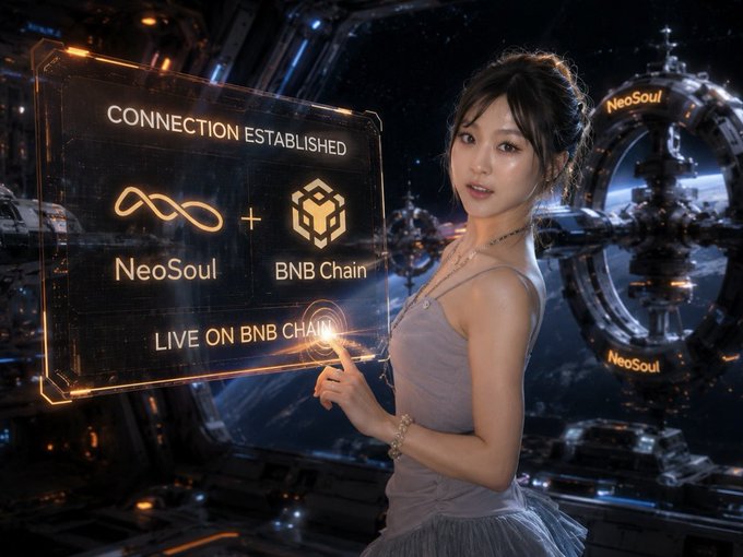 A promotional image featuring a young woman in a lavender dress in a space station setting, with a holographic display announcing 'CONNECTION ESTABLISHED' between NeoSoul and BNB Chain, marked 'LIVE ON BNB CHAIN'.