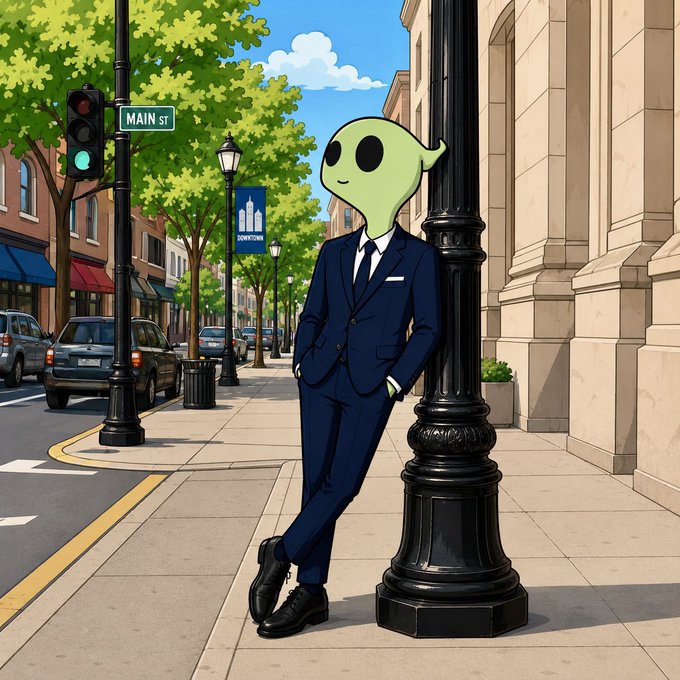 An anime/illustration-style image of a green alien in a dark blue business suit leaning against a black lamppost on a city sidewalk near a 'MAIN ST' sign and traffic light.