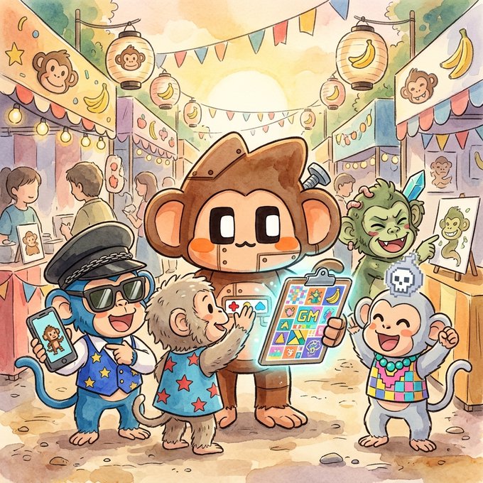 A colorful cartoon illustration of cute monkey characters gathered at a marketplace with banana lanterns and bunting flags overhead, with one large monkey holding a tablet displaying various icons.