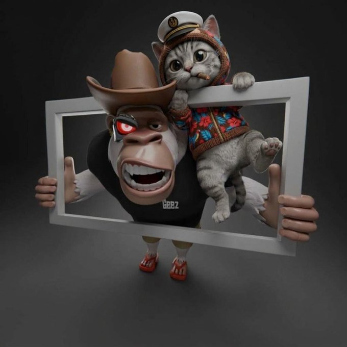 A 3D rendered illustration shows a cat dressed in a captain's hat and floral hoodie clinging to a silver picture frame held by a gorilla wearing a cowboy hat, red cyberpunk glasses, and a black 'GEEZ' shirt.