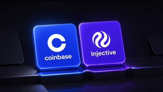 Two illuminated 3D tiles display the Coinbase logo in blue and the Injective logo in purple, glowing against a dark background.