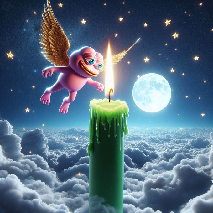 A pink, winged cartoon creature flies through a starry night sky above the clouds, reaching toward the flame of a large green candle with a full moon in the background.