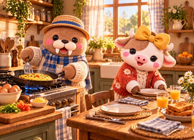 A cute digital illustration of a brown bear wearing a straw hat and plaid scarf cooking eggs on a stove, alongside a pig character with a yellow bow and orange sweater sitting at a kitchen table set for breakfast with juice and toast.