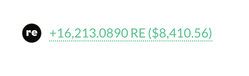 The image shows a screen with a caption that reads "claimed $84100 (re) Re(=$16,312.90) RE/($8,410.56)". The text is green and black, contrasting against the brown background of the frame. It appears to be an advertisement for a cryptocurrency, possibly related to farming or stablecoins.