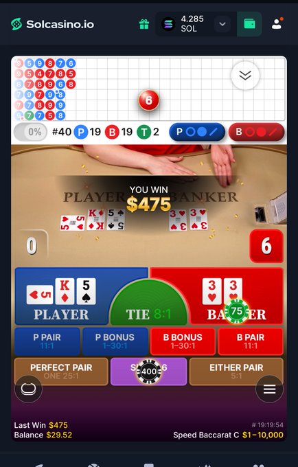 A screenshot of solcasino.io showing a baccarat game with a $475 win, displaying player hand '5 K 5' vs banker hand '3 3', with a $1-10,000 Speed Baccarat C game.