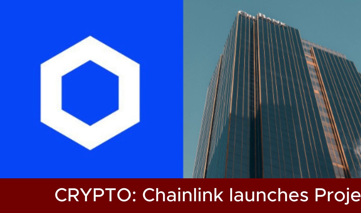 The image shows a banner or poster advertising a cryptocurrency named "Chainlink" that is launching project Pangea. The text on the poster mentions that 50 banks are joining forces for real-time currency settlement. The title of the image reads "Crypto.: Chainlink Launches Project Pangea". The logo displayed in the top left corner of the image resembles a hexagon and has a white border.