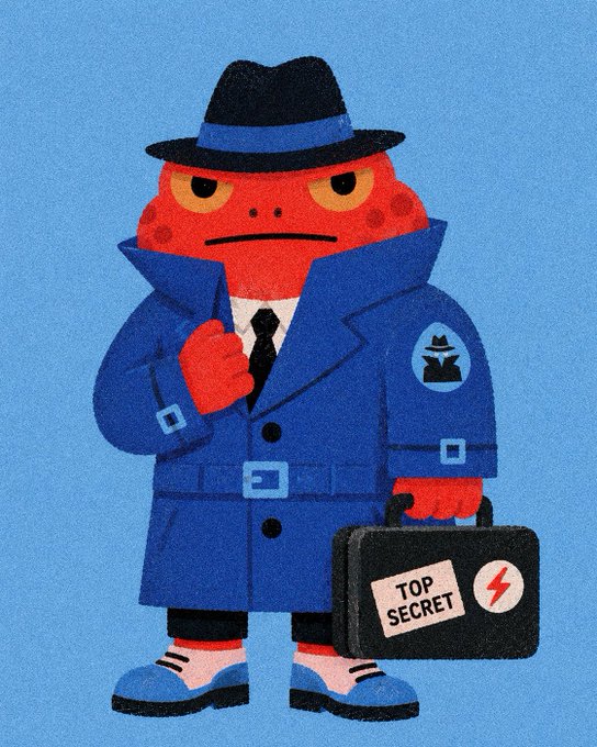 An illustration of a red frog character dressed as a spy, wearing a blue trench coat and fedora, carrying a briefcase labeled 'TOP SECRET' with a lightning bolt symbol.