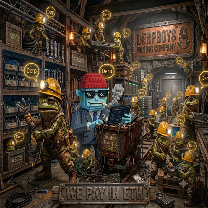 A detailed illustration of 'DERPBOYS MINING COMPANY' featuring multiple frogs in mining helmets saying 'Derp' in speech bubbles, alongside a blue character in pixelated sunglasses and a red beanie working on a laptop, with a bottom banner reading 'WE PAY IN ETH'.