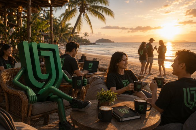 People wearing matching dark shirts with green logos gather at a beachside cafe during sunset, while an animated green geometric character sits among them holding a branded mug.