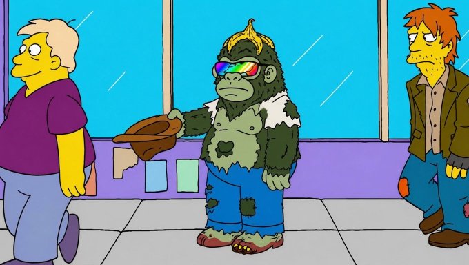 A Simpsons-style animation still showing a gorilla wearing sunglasses and tattered clothes holding a loaf of bread, flanked by two human characters in an indoor setting.
