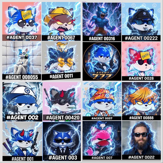 A collage of various anime-style blue cat agents labeled with hashtags like #AGENT 001, #AGENT 003, and #AGENT 777, with one depicting a bearded man in sunglasses.
