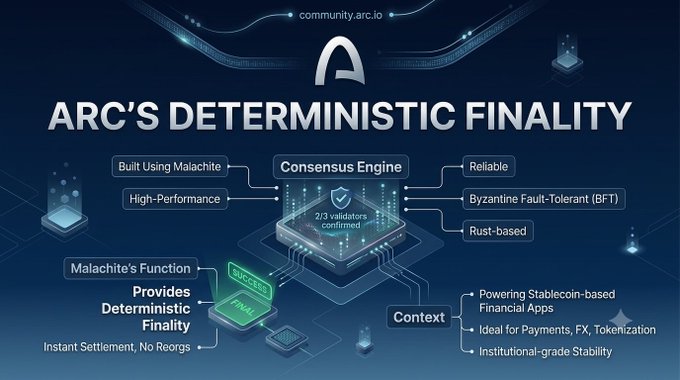 An infographic titled 'ARC'S DETERMINISTIC FINALITY' from community.arc.io, detailing a Consensus Engine built with Malachite, highlighting features like Reliable, BFT, and Rust-based architecture for stablecoin financial applications.