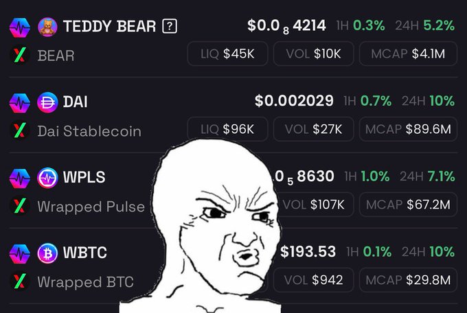 Cryptocurrency price listing on a dark-themed exchange showing TEDDY BEAR at $0.008421, DAI at $0.002029, WPLS at 0.58630, and WBTC at $193.53, with a meme-style 'Wojak' or 'Soyjak' face edited into the foreground.