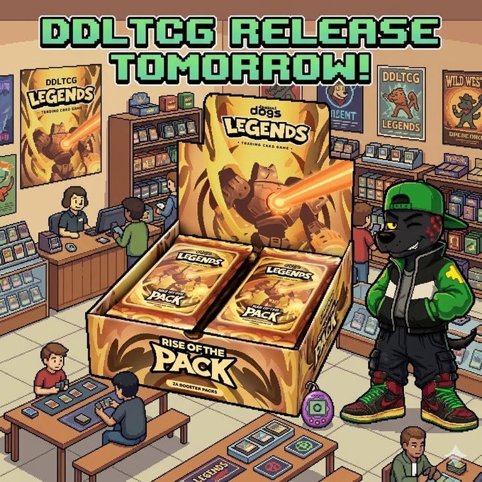 A pixel art promotional image announcing 'DDLTCG RELEASE TOMORROW!' featuring Dog's Legends Trading Card Game 'Rise of the Pack' booster boxes in a game store.