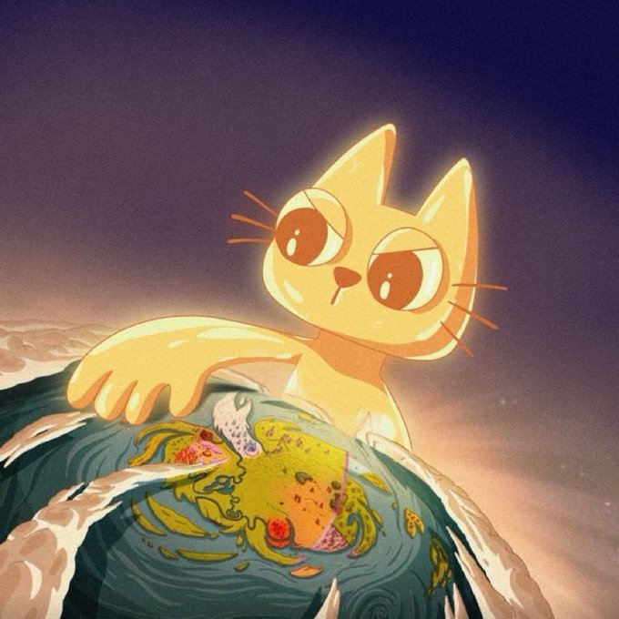 A cartoonish orange cat with large, expressive eyes looms over a stylized Earth, its paws resting on the planet as if claiming it. The accompanying post draws a parallel between nations' historic scramble for natural resources like gold and the modern potential to "buy" tokens that magically generate gold, suggesting countries will compete to acquire such assets instead of investing in costly mining infrastructure—mirroring the cat's greedy, possessive grip on the world.