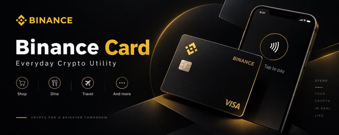 A Binance promotional banner showcases the "Binance Card - Everyday Crypto Utility" with a black and gold Visa card and smartphone displaying "Tap to pay," highlighting use cases like Shop, Dine, Travel, and more under the tagline "CRYPTO FOR A BRIGHTER TOMORROW." The image visually reinforces the post's theme of making crypto practical for daily life, emphasizing the card's simple, real-world spending utility rather than complex trading.