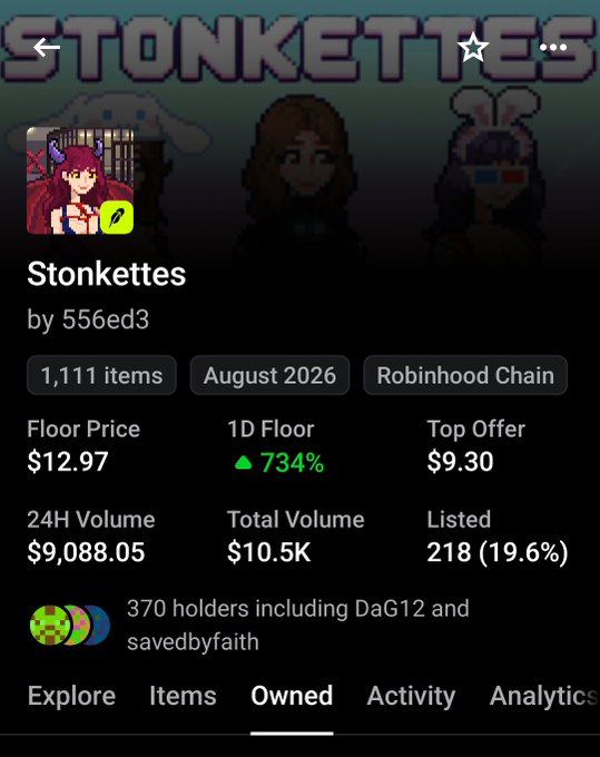 A mobile screen displaying an NFT collection called "Stonkettes" on the Robinhood Chain, showing a floor price of $12.97 with a 734% increase in 24 hours.