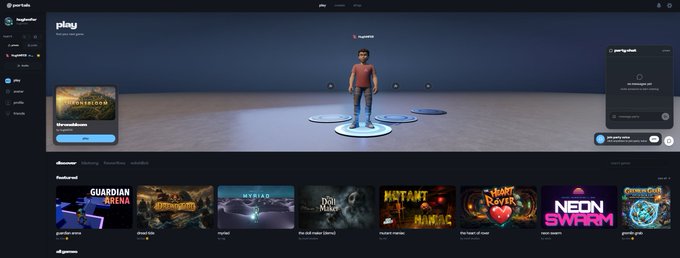 A screenshot of a gaming/metaverse platform called 'Spatial' showing a 3D avatar in a red shirt and jeans, with various game options like 'Guardian Arena', 'Instant Mining', and 'Neon Swarm' displayed below.