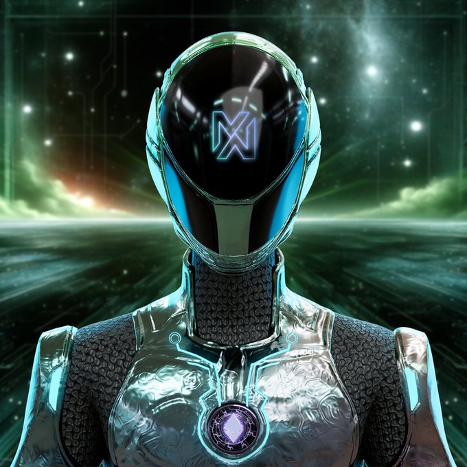 A futuristic silver robot with a sleek, reflective helmet featuring a stylized "M" logo on its visor stands against a cosmic green nebula backdrop, with a glowing purple emblem on its chest—evoking the futuristic, sci-fi aesthetic associated with MetaWin's gaming platform, where user "roginnnn" is celebrated as MetaWinner #2739.