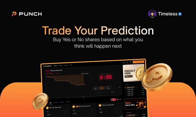 The image shows a promotional banner for Punch featuring a dashboard preview with a BTC Up or Down trading market, a countdown timer at 0:08, and a "PREDICT FREE" signup panel, alongside the headline "Trade Your Prediction" and "Buy Yes or No shares based on what you think will happen next." The visual aligns with the post by showcasing Punch as a prediction market platform where users can buy and sell shares on outcome-based events like Bitcoin price movements.