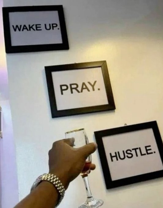 In the image, a person's hand is holding a glass of wine while standing next to three framed motivational quotes displayed on a wall. The first quote reads "wake up", the second one says "pray", and the third one states "hustle". These quotes are arranged in a row with black frames against a white background, creating an aesthetically pleasing display that conveys a positive message of motivation and determination.

The person's hand holding the wine glass is positioned towards the bottom right corner of the image, while the three motivational quotes are placed at different heights on the wall above them. The overall scene suggests that the individual might be celebrating a new beginning or a personal milestone by surrounding themselves with inspiring messages to stay motivated and focused on their goals.
