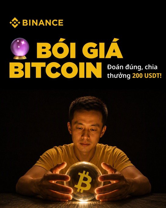 A Binance promotional advertisement in Vietnamese with text "BÓI GIÁ BITCOIN - Đoán đúng, chia thưởng 200 USDT!" featuring a man holding a glowing crystal ball displaying the Bitcoin logo.
