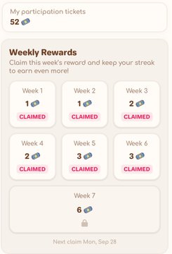 A 'Weekly Rewards' screen shows participation tickets (52) and weeks 1-6 all marked as 'CLAIMED', with week 7 locked and a note 'Next claim Mon, Sep 28'.