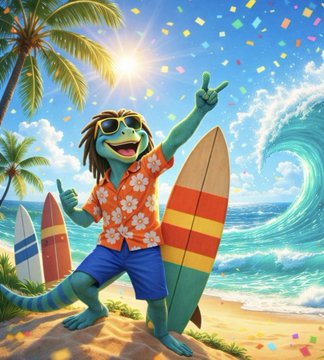 A cartoon graphic of an animal holding a surfboard and giving a peace sign, with a background of palm trees, blue ocean waves, and confetti scattered around him. The text "Animal Charity Wallet Yesterday, we received $100 in ETH from @ZiggyOnBase" is visible below the image.