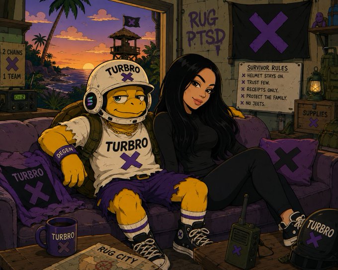 An anime-style illustration shows a TURBBRO-branded yellow character wearing a helmet sitting on a couch next to a black-haired woman, surrounded by merchandise and signs reading 'RUG P.T.S.D.', 'SURVIVOR RULES', and 'RUG CITY'.