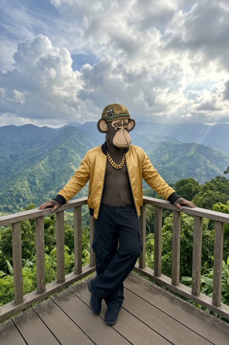 A monkey character wearing a yellow jacket, camo cap, and gold chain poses on a wooden mountain overlook, with no visible text or numbers. The image's relaxed, "Good Morning" vibe complements the post about waking up tired, while the stylish monkey mascot could represent the user's Sleepagotchi avatar used to track their sleep streak.