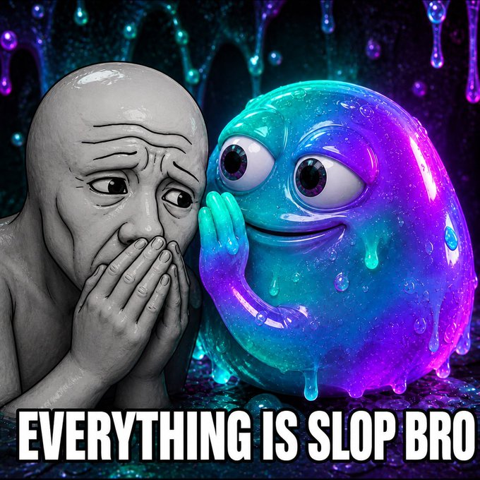 A meme image with a gray stone-like humanoid figure whispering into the ear of a blue and purple blob creature, with text reading 'EVERYTHING IS SLOP BRO'.