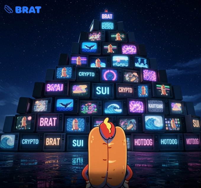 A pyramid of vintage televisions displays colorful screens with words like "BRAT," "CRYPTO," "SUI," "HOTDOG," and "KAIJITCARE," with a hot dog character with a flame on its head watching from the foreground under a starry night sky.