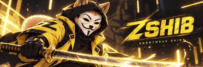The banner features an anime-style Shiba Inu warrior wearing a Guy Fawkes mask and yellow jacket, wielding a glowing katana, with the text "ZSHIB" and "ANONYMOUS SHIBA" prominently displayed—reflecting the mascot and ticker of the Solana token $ZSHIB.