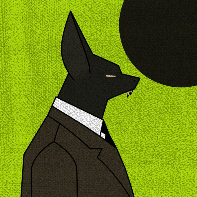 A stylized illustration depicts a black, dog-like or jackal-headed character with sharp fangs wearing a dark suit, set against a textured green background with a large black circle, evoking a mysterious or occult aesthetic that complements the cryptic Web3 minting announcement referencing "Shingo" on Robinhood.