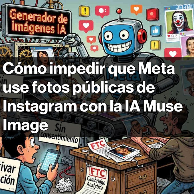 A Spanish-language AI-generated cartoon titled 'Cómo impedir que Meta use fotos públicas de Instagram con la IA Muse Image,' depicting a robot labeled 'Generador de imágenes IA' processing user photos with signs reading 'Sin consentimiento' and 'FTC Cambridge Analytica'.