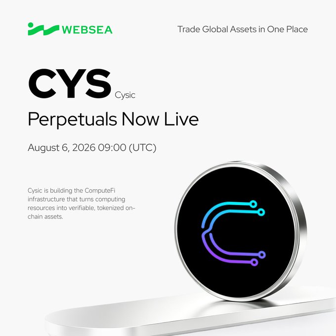 A Websea promotional graphic announces that 'CYS Cysic Perpetuals Now Live' as of August 6, 2026 09:00 (UTC), featuring a glowing CYS token coin and noting Cysic is building ComputeFi infrastructure.