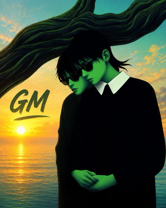 A digital illustration of two figures with green-tinted skin wearing sunglasses, standing by the ocean at sunset with a large tree branch overhead; the letters 'GM' are displayed on the left.