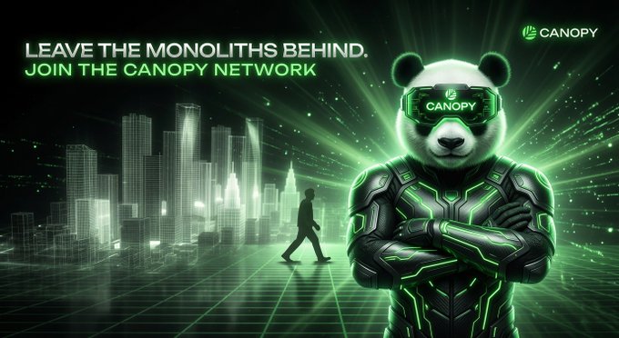 A promotional graphic for the Canopy Network featuring an armored panda mascot wearing a VR headset labeled 'CANOPY,' with the tagline 'LEAVE THE MONOLITHS BEHIND. JOIN THE CANOPY NETWORK' and a futuristic cityscape in the background.
