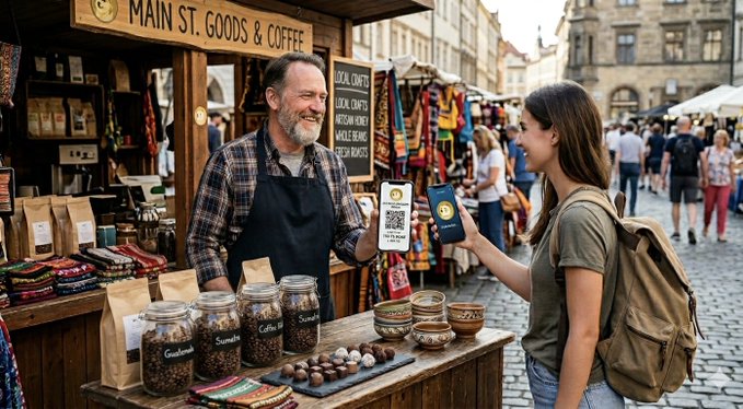 The image shows an older man wearing glasses standing behind a counter at a market, selling coffee beans or coffee-related items such as bags of coffee beans. A woman is holding up her phone, possibly showing the man something related to their conversation or transaction. The background reveals that they are in front of a market stall with various goods on display. There's also an image of a person taking a photo of the coffee products for sharing on social media.